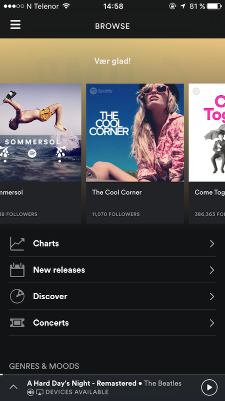 Old Spotify interface on iPhone, with hamburger menu.
