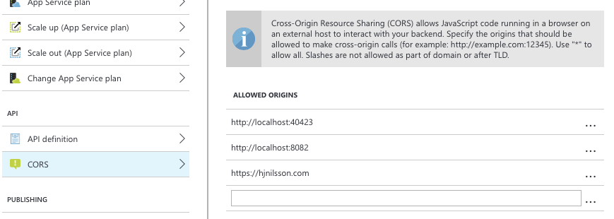 The azure CORS control panel, screenshot.